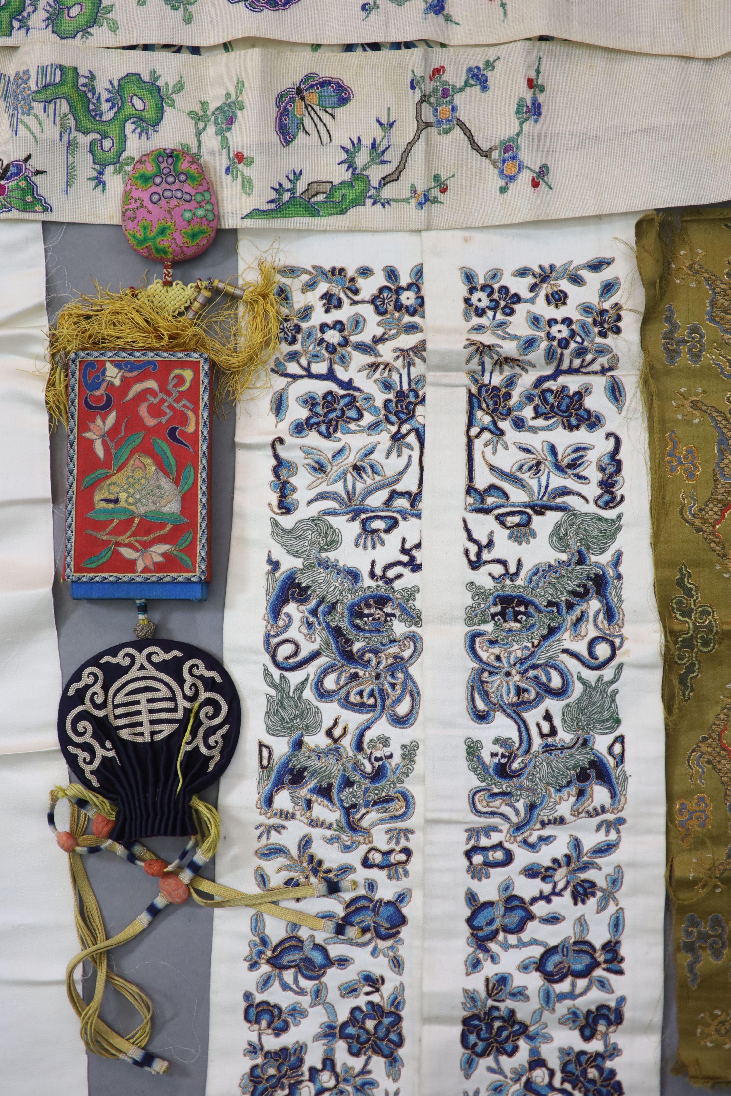 A group of Chinese embroidered silk items, late 19th/early 20th century